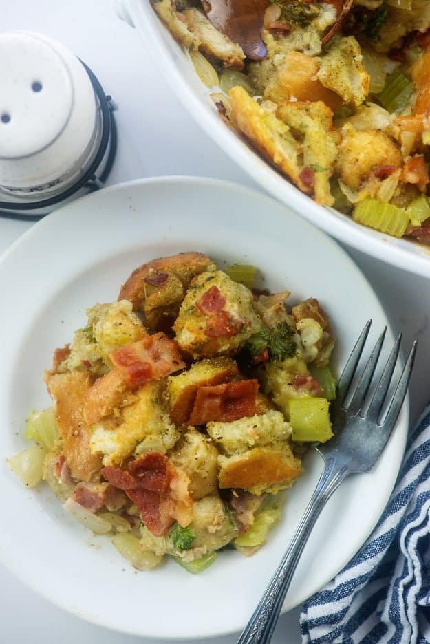 overhead view of white plate with traditional stuffing on top.