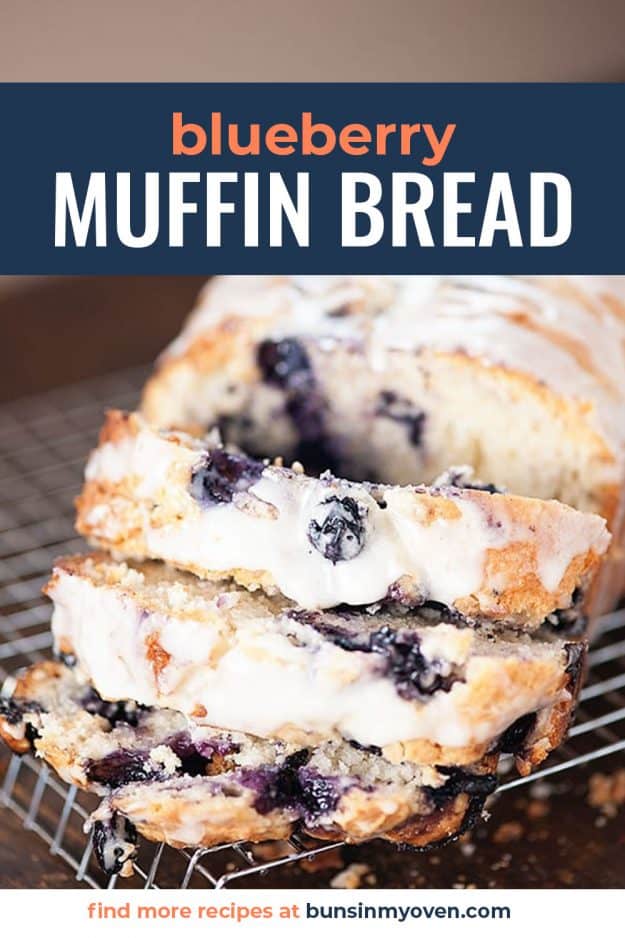 sliced blueberry muffin bread with glaze on top.