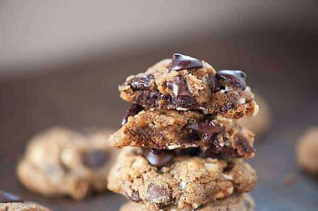 A stack of smores cookies up close.