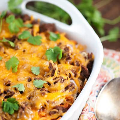 A pan of casserole on a table.