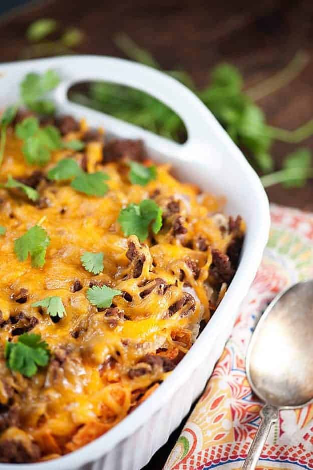 A pan of casserole on a table.