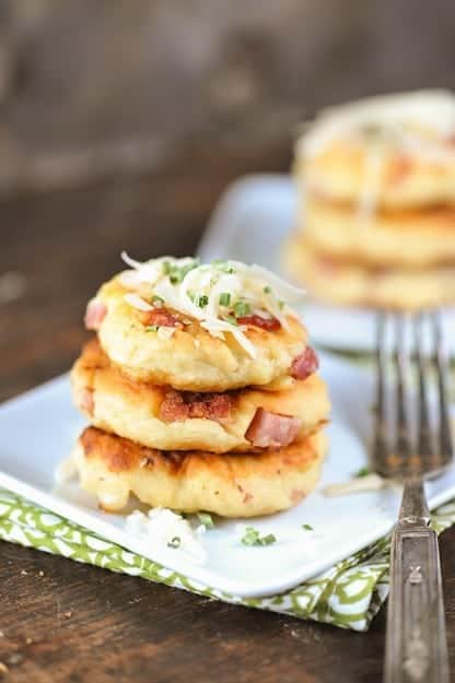 stack of ham and cheese potato pancakes.
