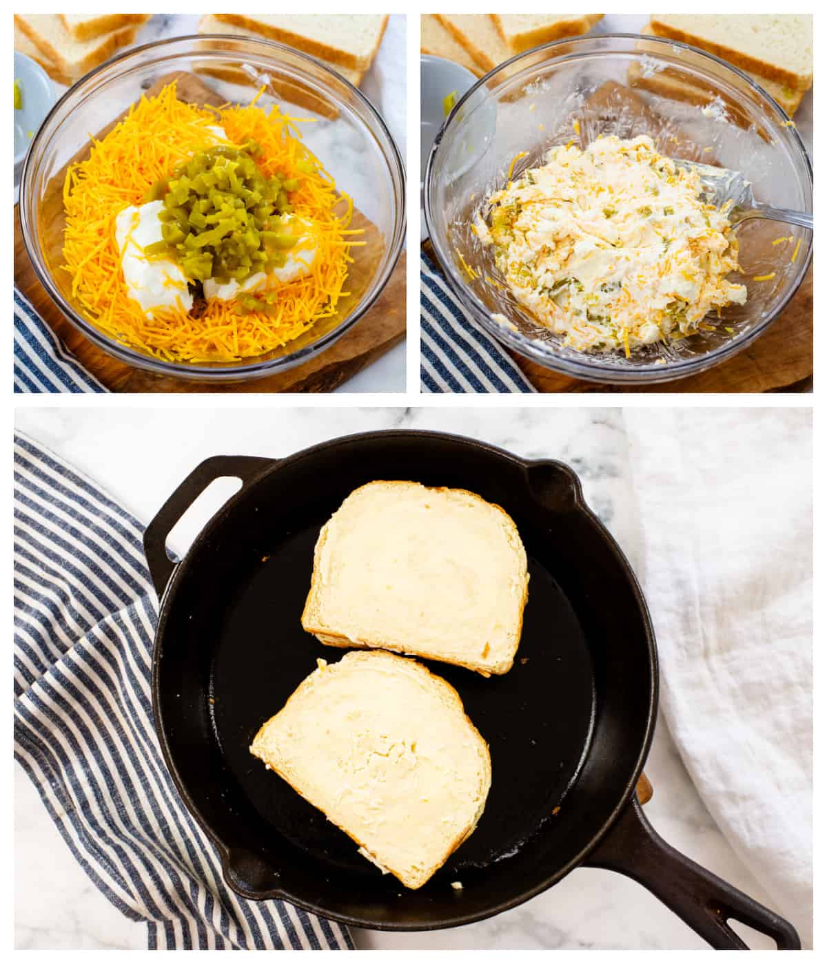 Collage showing how to make a jalapeno popper grilled cheese.