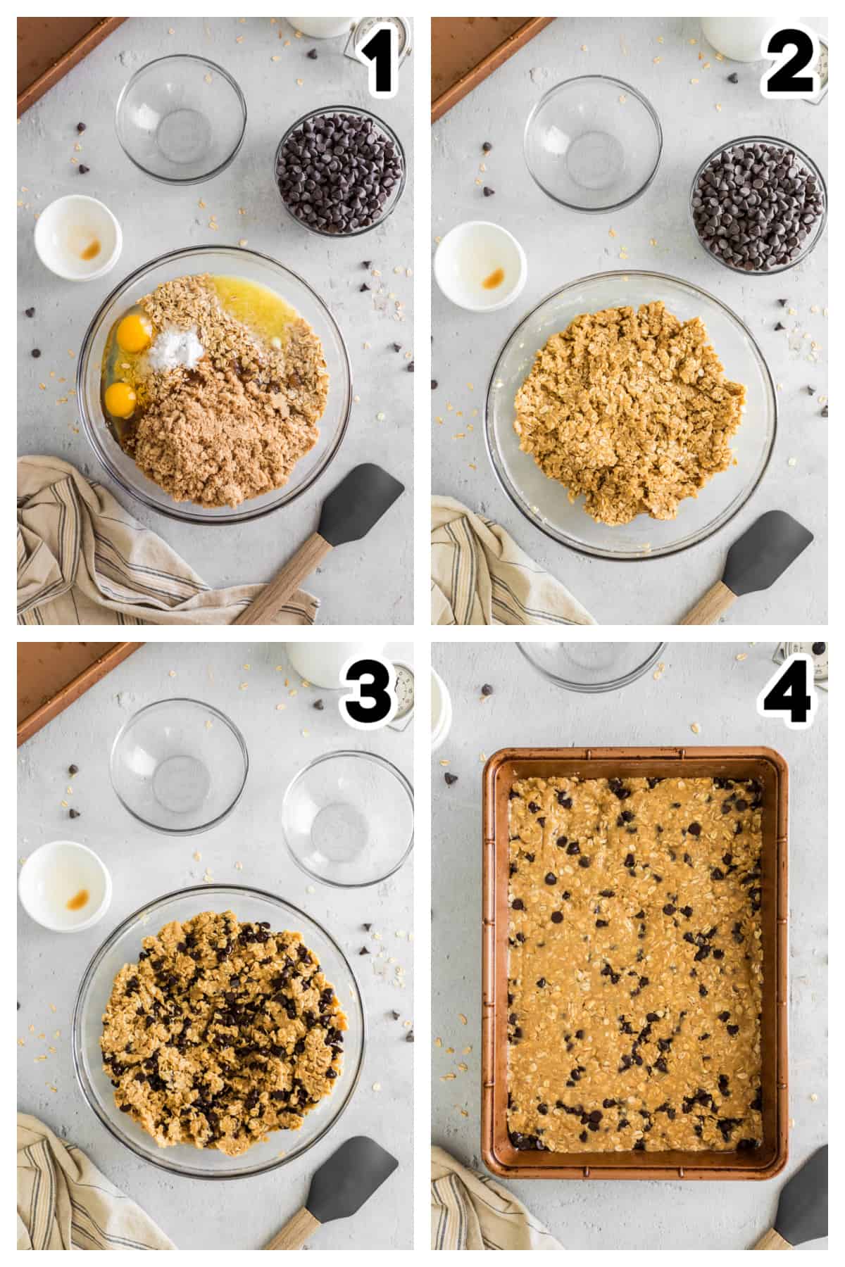 Collage showing how to make oatmeal cookie bar recipe.