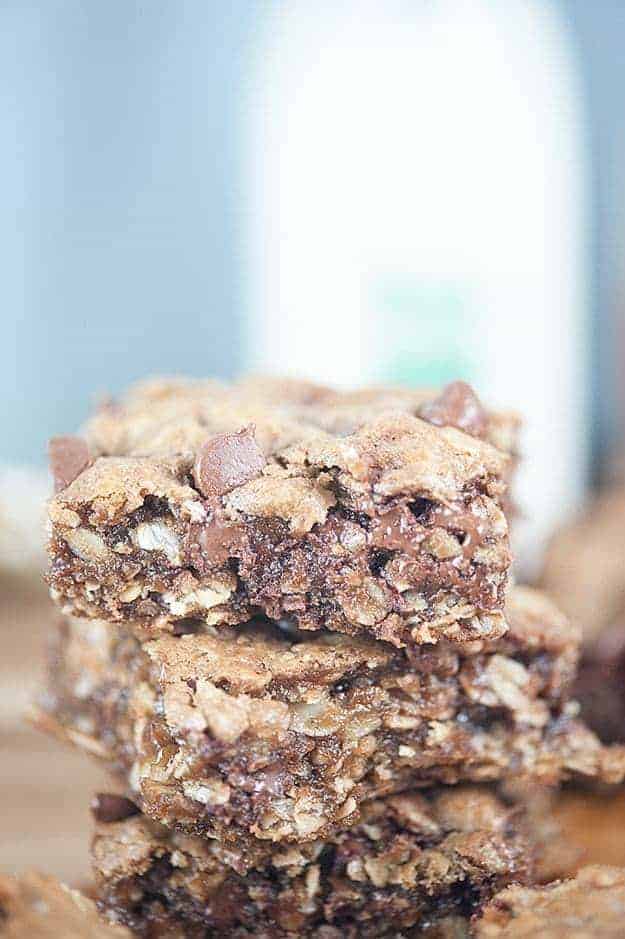 Super chewy and gooey oatmeal chocolate chip cookie bars!