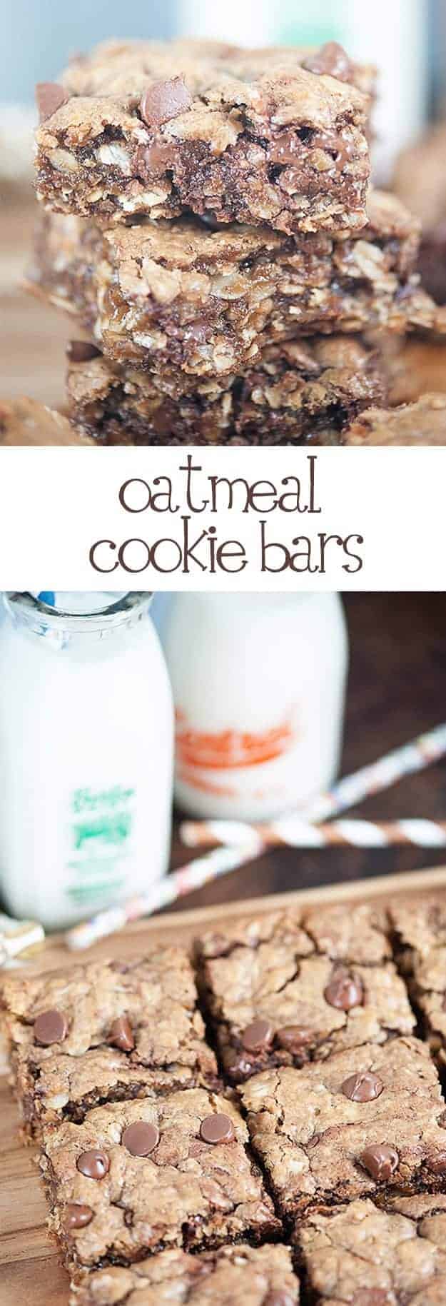 OAtmeal cookie bars in front of a couple jars of milk.