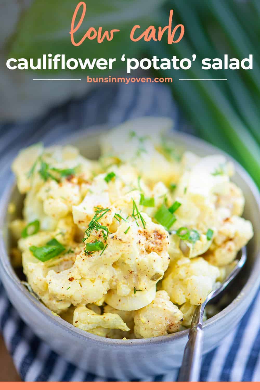 keto potato salad in bowl with text for Pinterest.