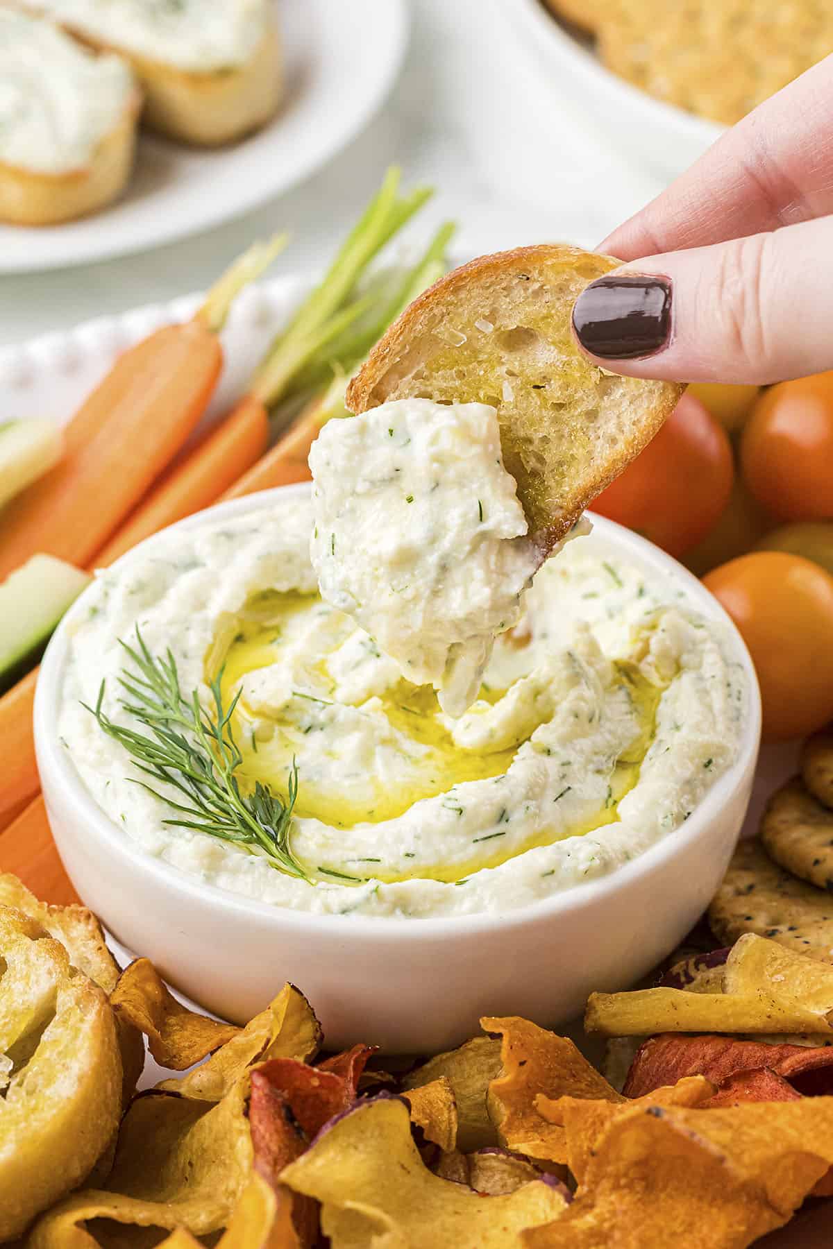 Hand dipping a piece of crositin into garlic ricotta dip.