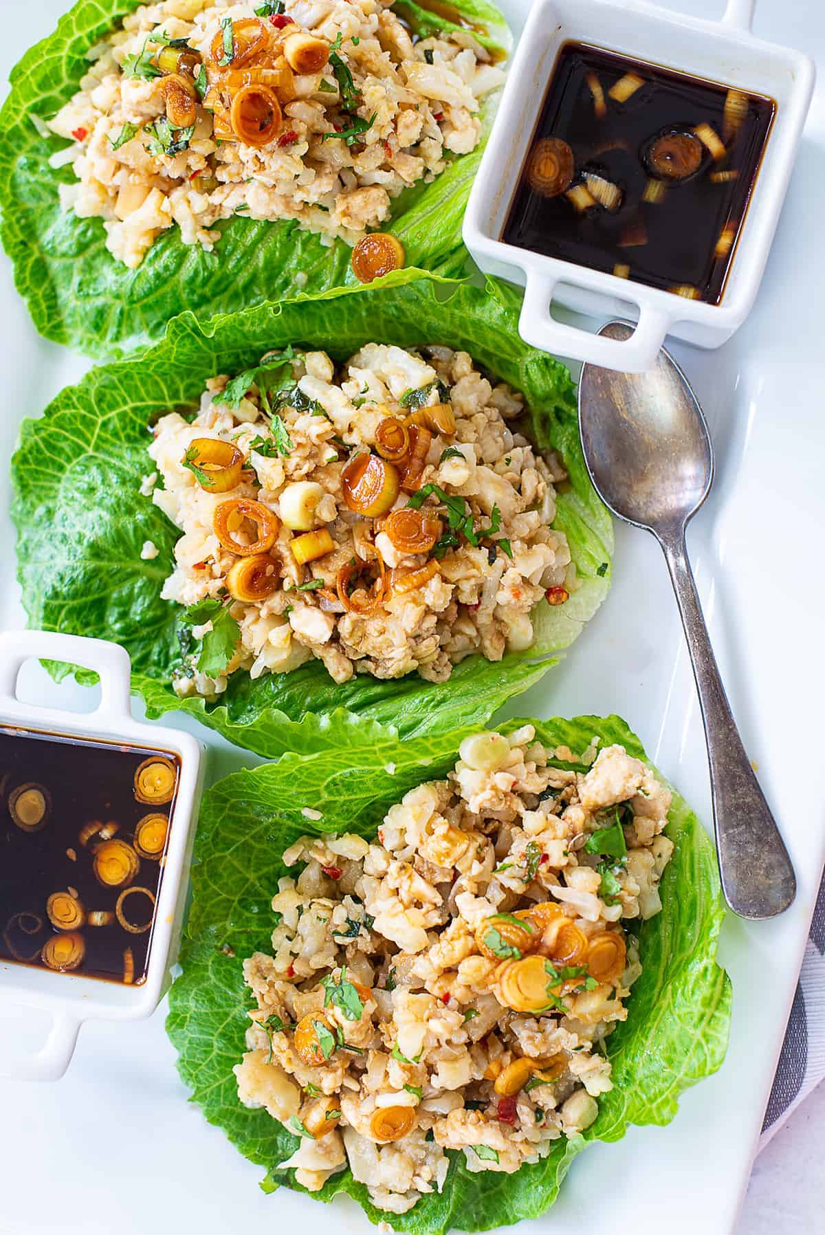 overhead view of asian lettuce wraps on plate.