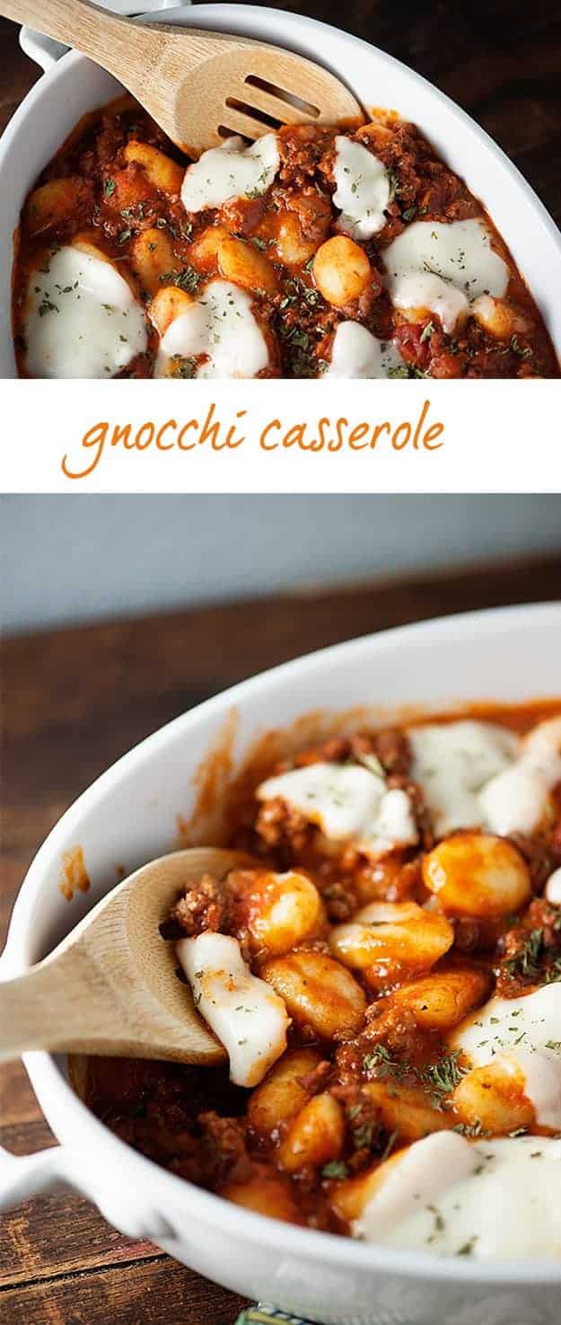 A white bowl of gnocchi casserole with a wooden spoon.