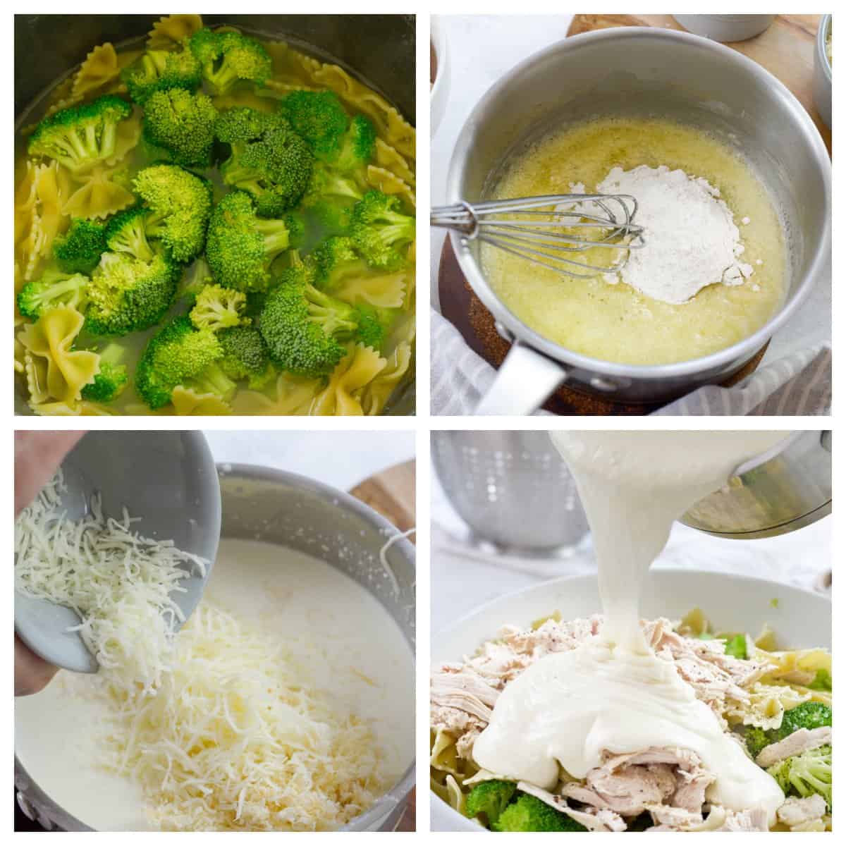 collage showing how to make chicken broccoli pasta.