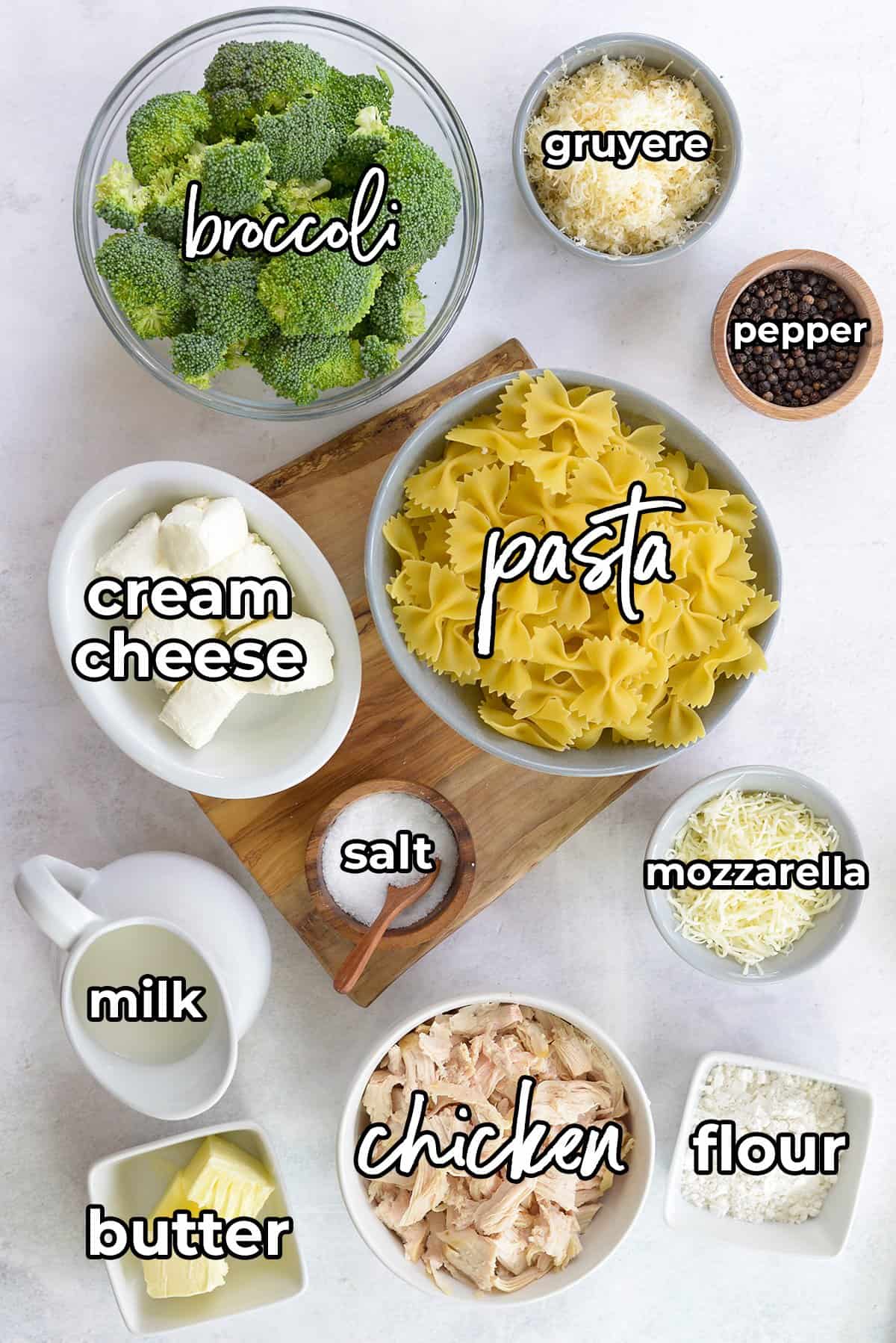 ingredients for chicken broccoli pasta recipe.