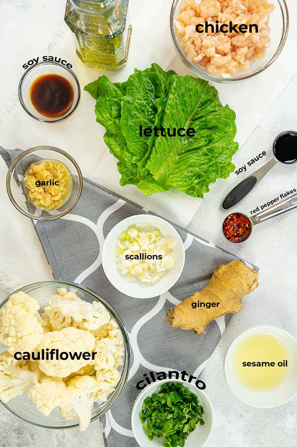 overhead view of ingredients for Asian lettuce wraps.