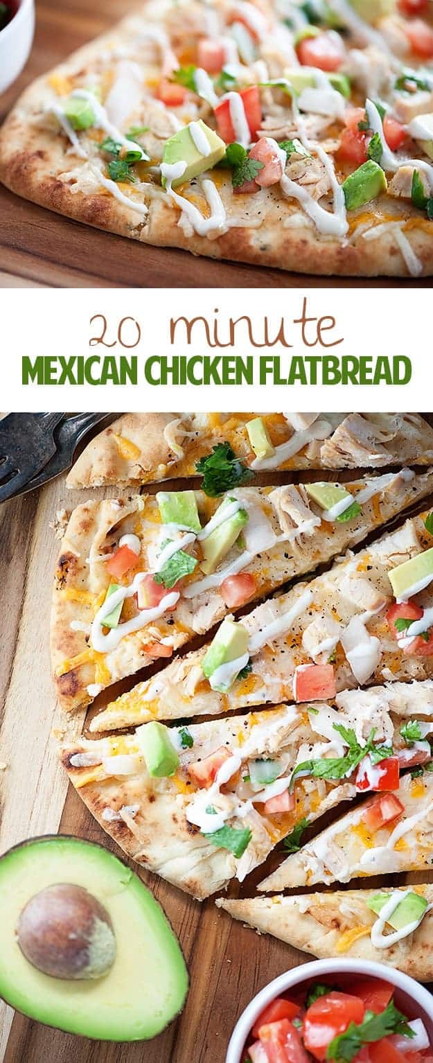 This quick and easy dinner recipe is ready in just 20 minutes! Mexican Chicken Flatbread... healthy, quick, and loaded with chicken, cheese, and pico de gallo! 