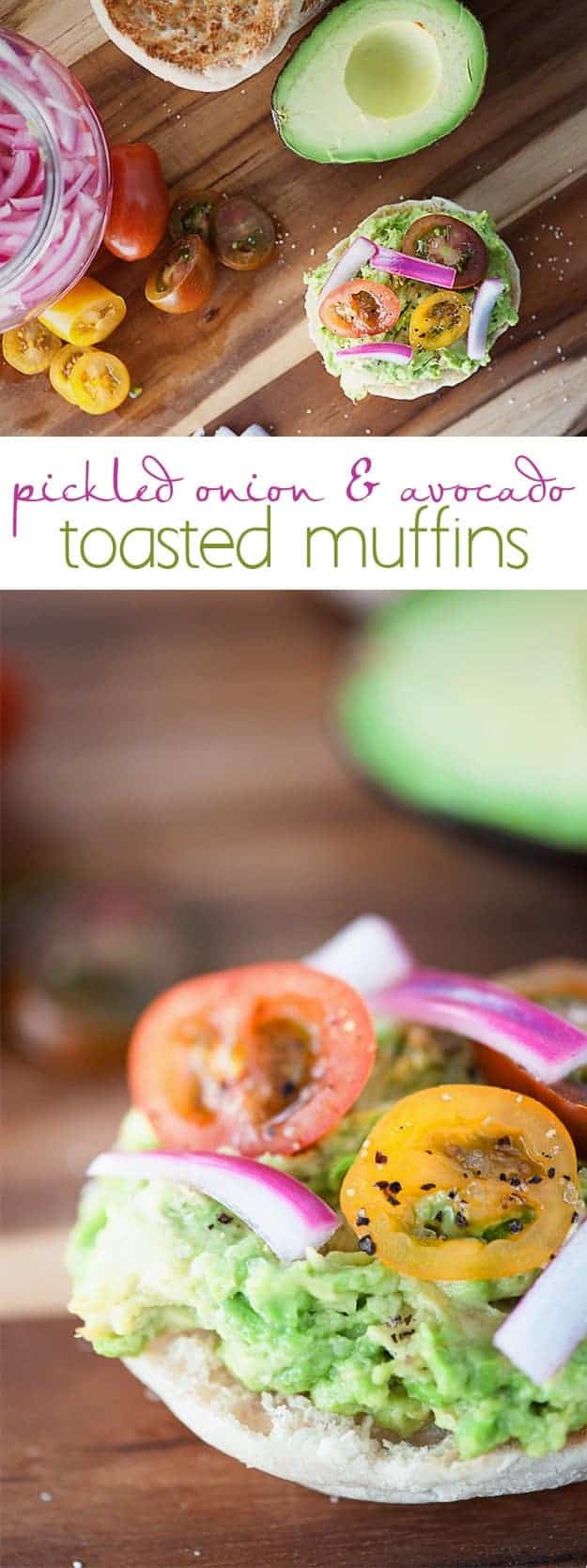 These English muffins are topped with smashed avocados, pickled onions, and cherry tomatoes for a quick breakfast or snack recipe that is filling and satisfying!