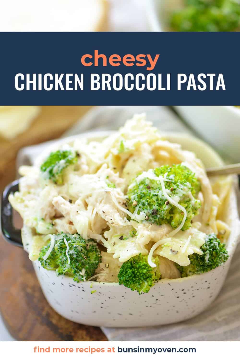 cheesy chicken broccoli pasta in small dish.