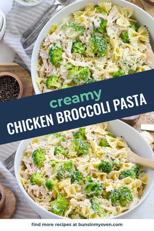 collage of chicken broccoli pasta images.
