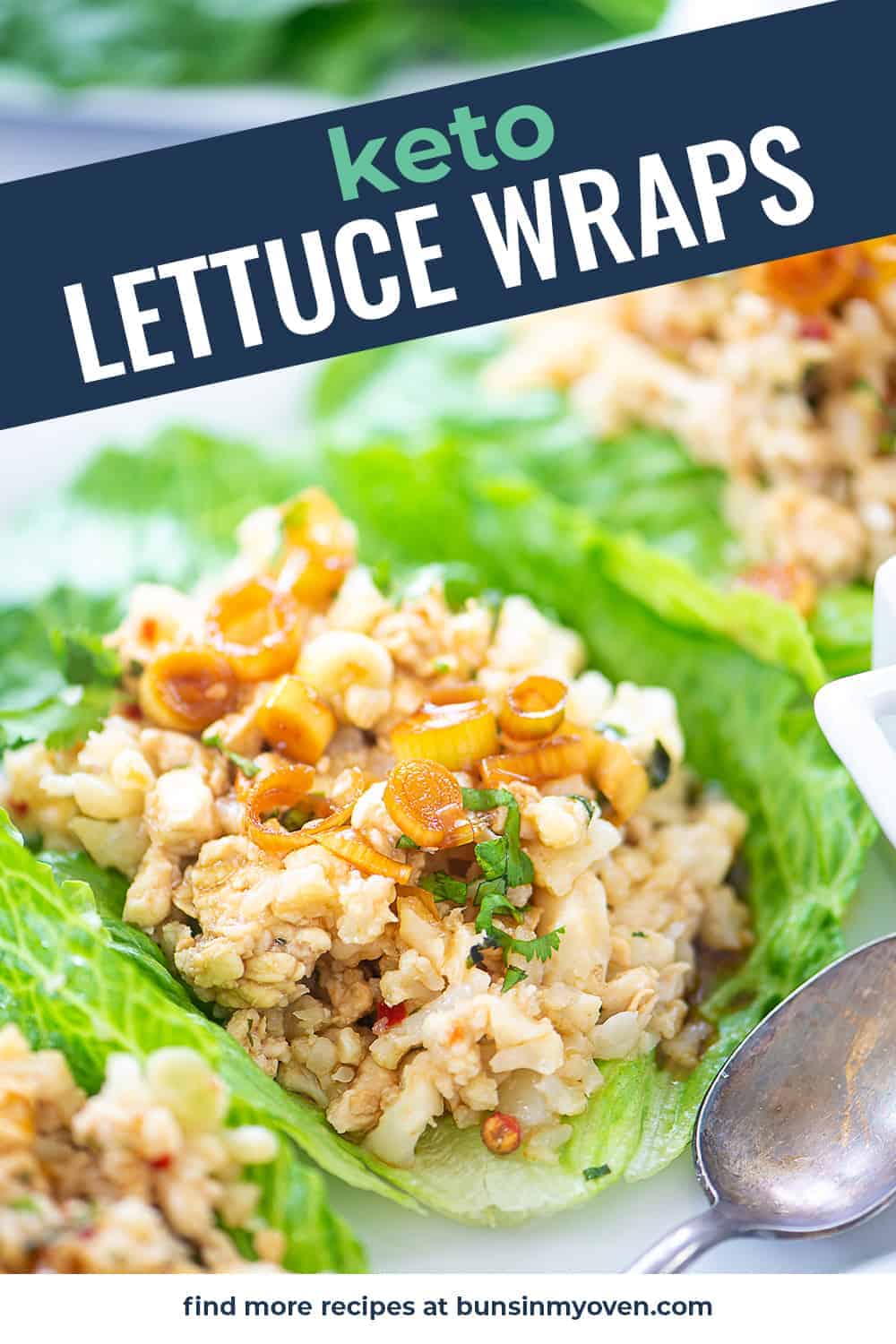 keto lettuce wraps on white plate with text for Pinterest.