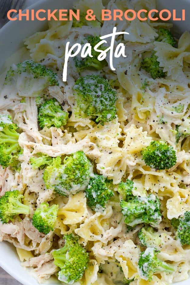 broccoli and chicken pasta in bowl.