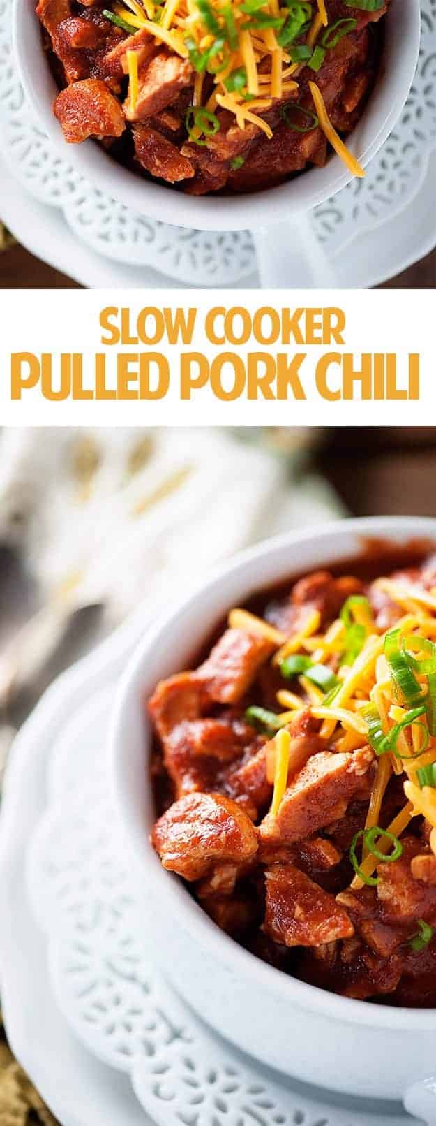 A cup of pulled pork chili on a small white plate.