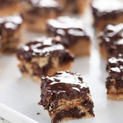 Several small square pieces of chocolate Ritz bars.