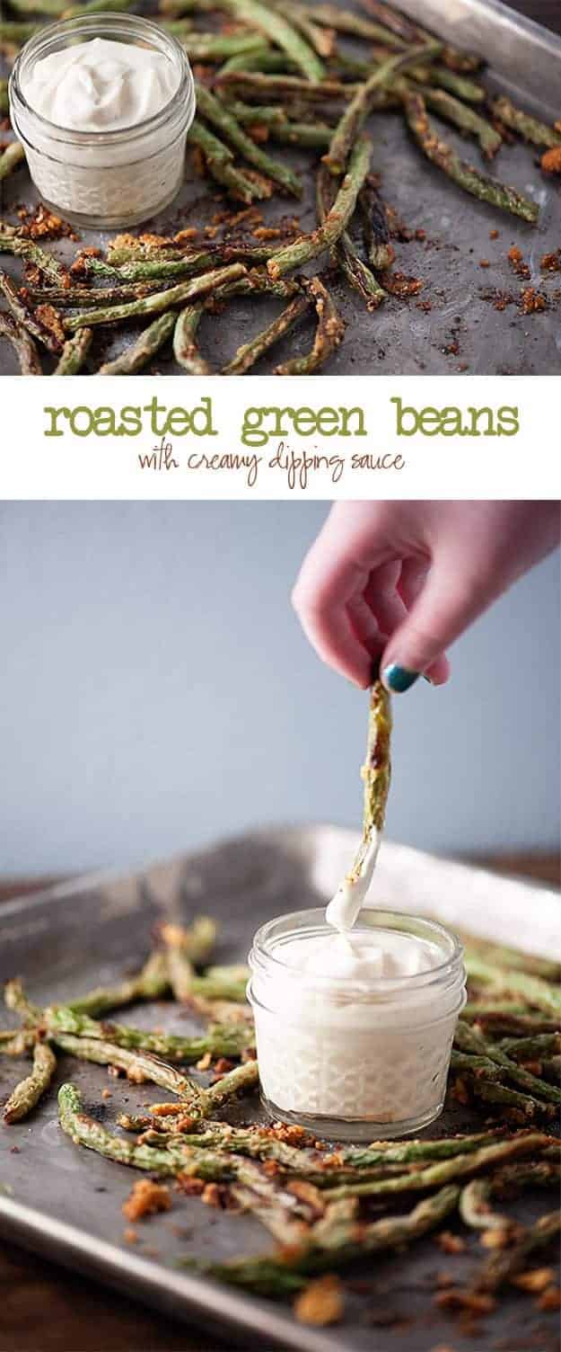 A woman dipping a green bean into a white sauce.