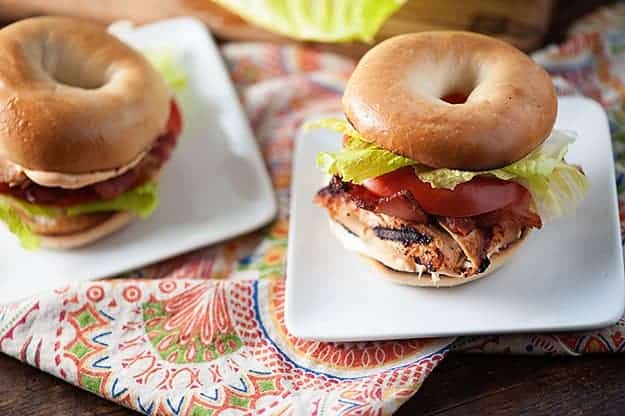 Spicy grilled chicken, bacon, lettuce, and tomato on a chewy bagel!