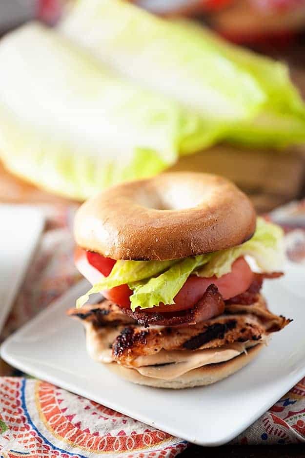 Spicy grilled chicken, bacon, lettuce, and tomato on a chewy bagel!