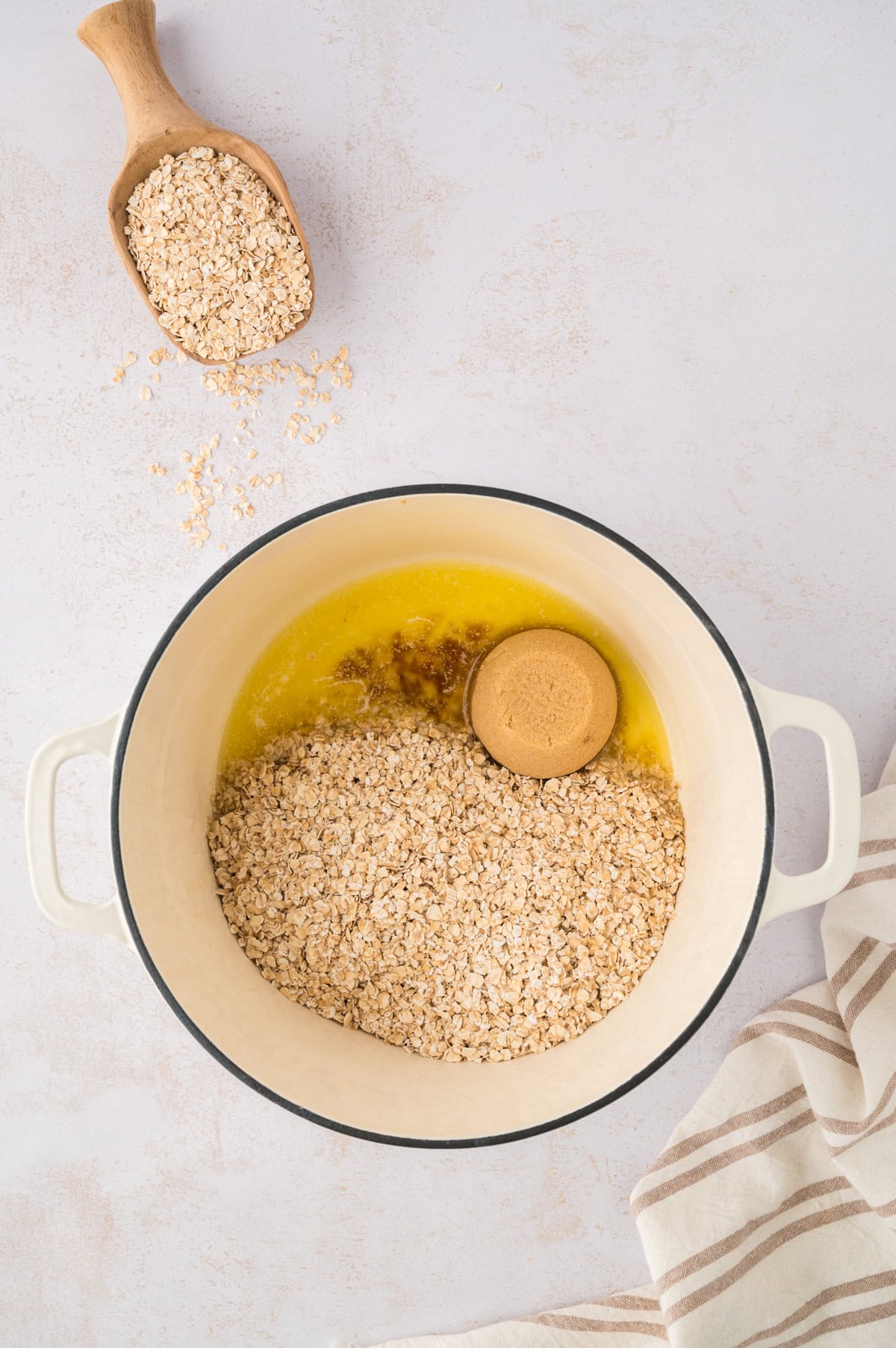 Oats, brown sugar, and butter in pot.
