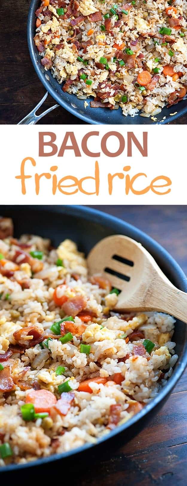 An overhead view of bacon fried rice in a skillet.
