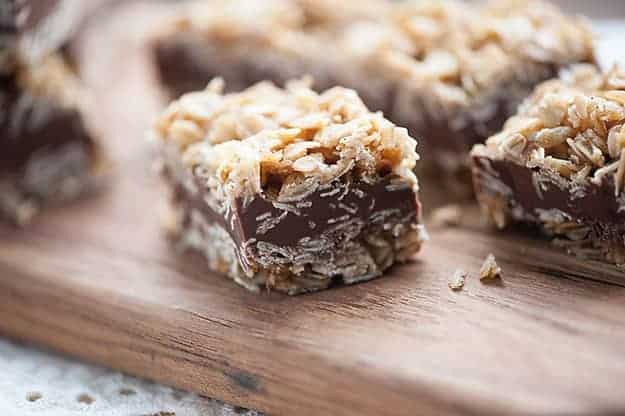 These no bake peanut butter bars are made with layers of oatmeal, chocolate, and peanut butter. They're so easy and you don't even need to turn on the oven!