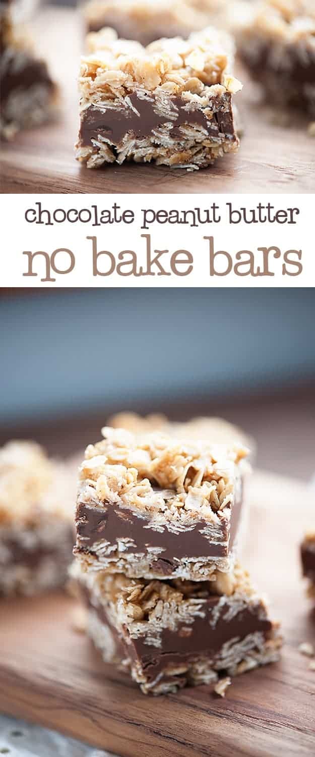 These no bake peanut butter bars are made with layers of oatmeal, chocolate, and peanut butter. They're so easy and you don't even need to turn on the oven!