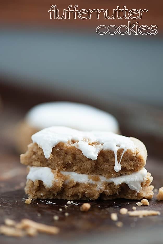 Two stacked up fluffernutter cookies.