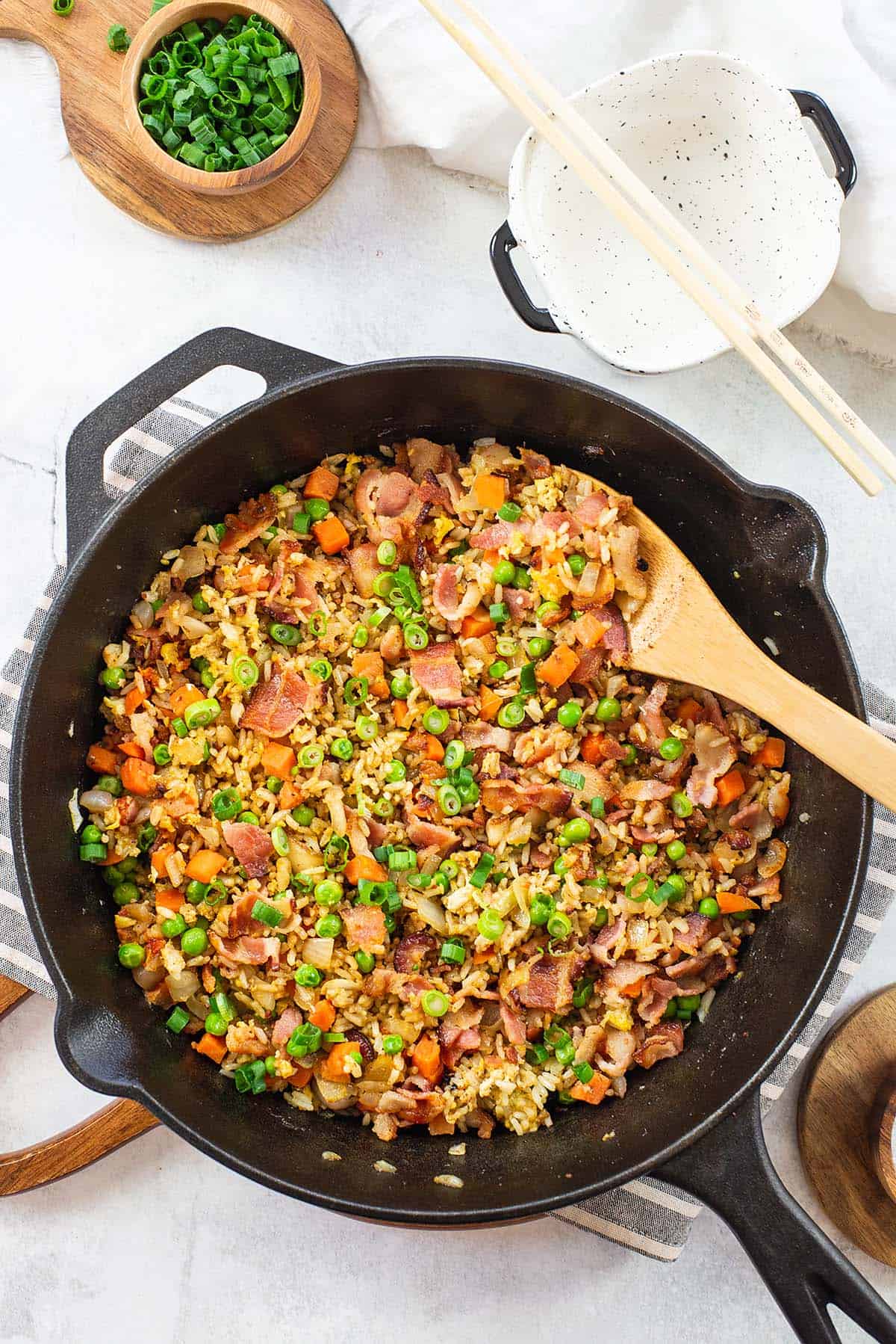 bacon fried rice in skillet.
