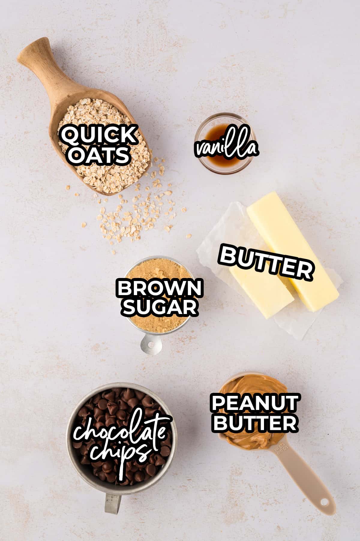 Ingredients for no bake chocolate oatmeal bars.