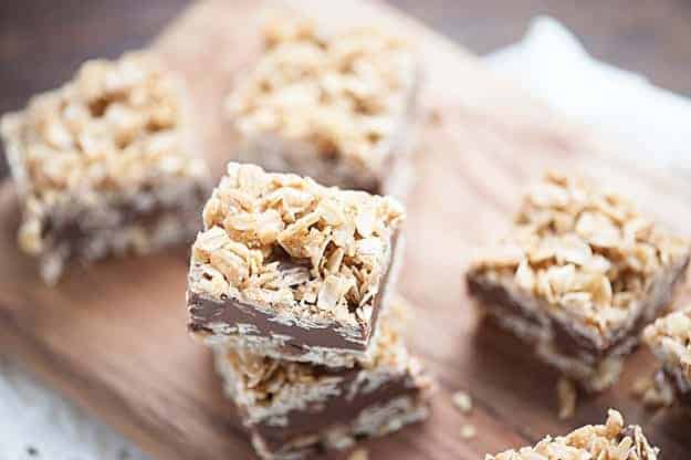 These no bake peanut butter bars are made with layers of oatmeal, chocolate, and peanut butter. They're so easy and you don't even need to turn on the oven!