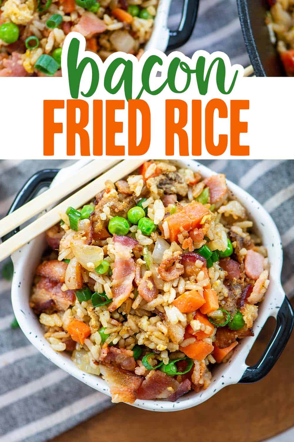 fried rice with bacon in dish.