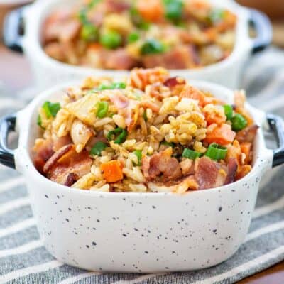 homemade fried rice in white dish.