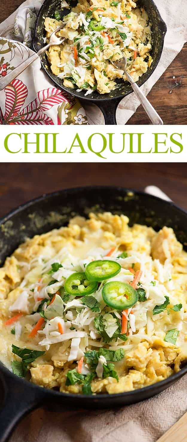 Chilaquiles cooking in a cast-iron skillet.