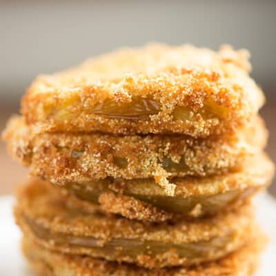 Fried Green tomatoes stacked up high.