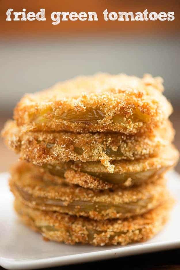 Fried Green tomatoes stacked up high.