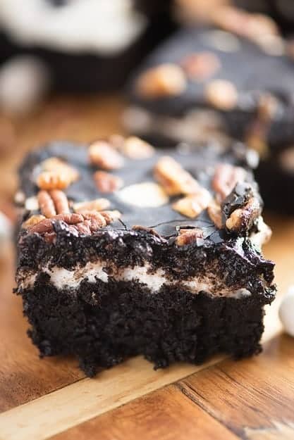 A close up of a Mississippi mud brownie.