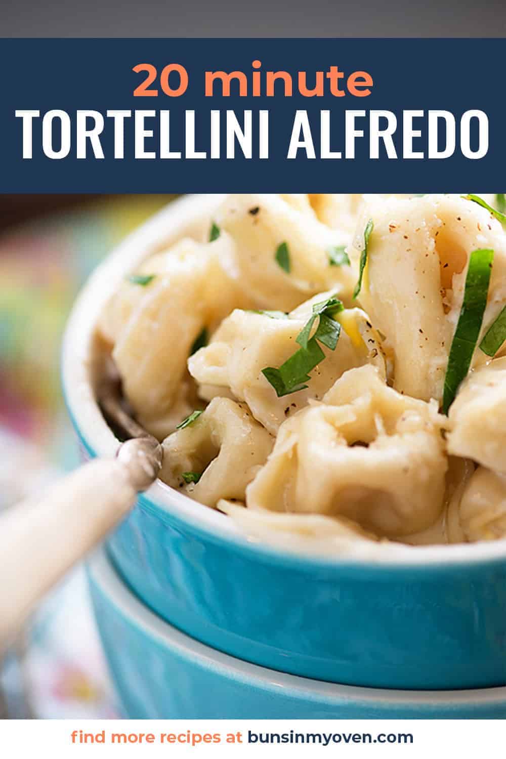 cheesy tortellini in blue bowls.