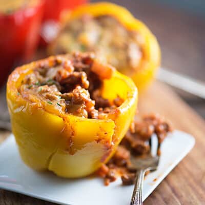 Peppers stuffed with sloppy joe sauce.