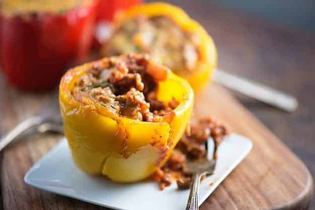 Peppers stuffed with sloppy joe sauce.