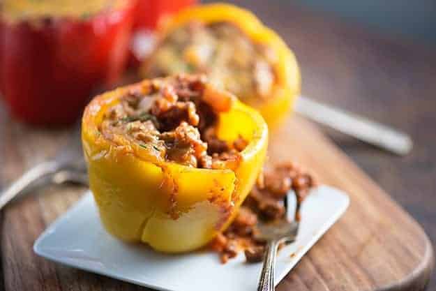 Peppers stuffed with sloppy joe sauce.