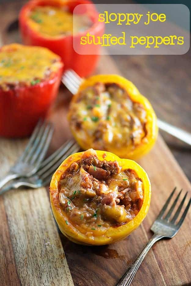 Sliced peppers topped with sloppy joe sauce.