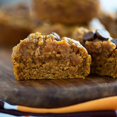 A close up of a piece of a muffin that has been cut in half.