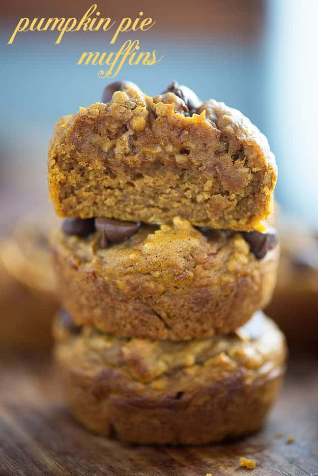 Three pumpkin pie muffins stacked up on top of each other.