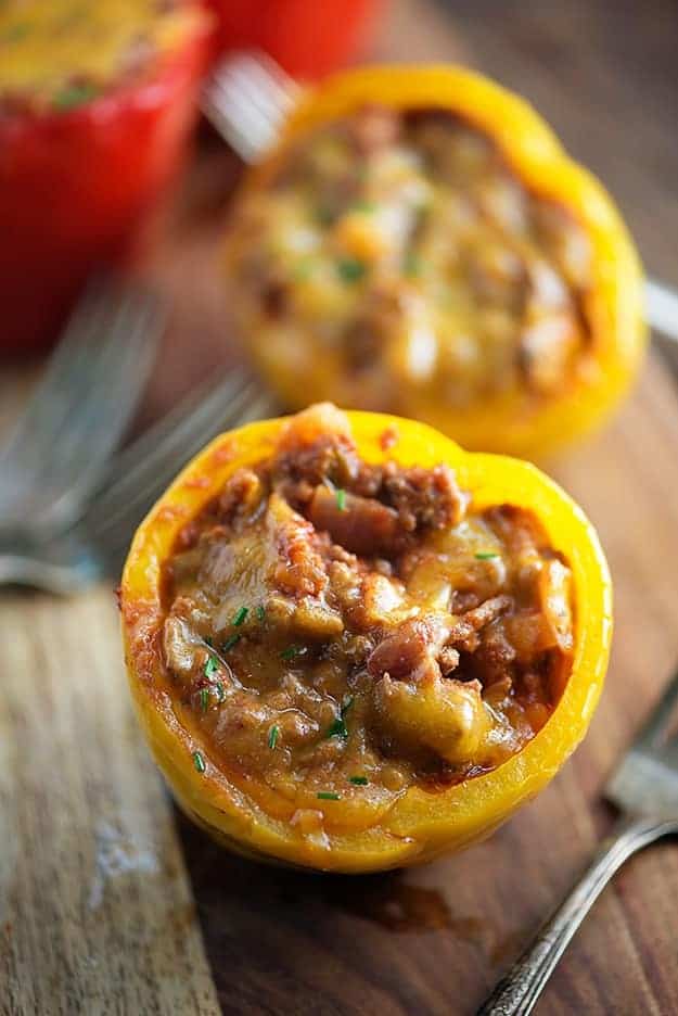 A close up of a top-down view of a sloppy joe stuffed pepper.